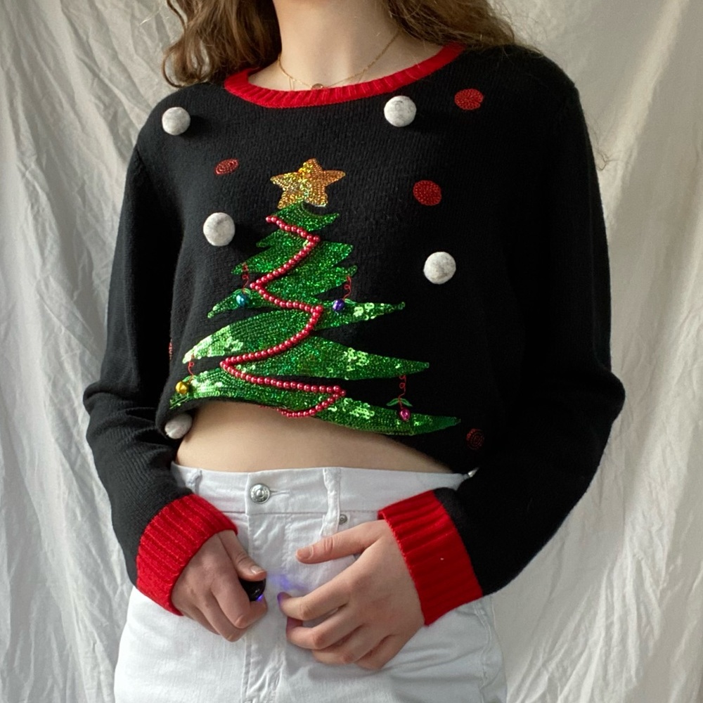 Vintage Ugly Christmas Sweater Top Red Black Tree Size XXL Holiday Time